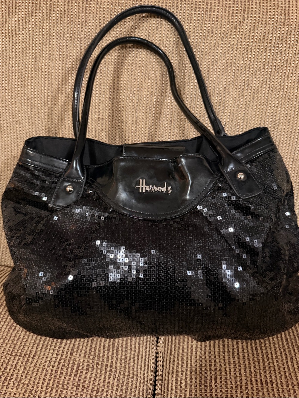 Harrods Black Sequin Tote with Patent Trim